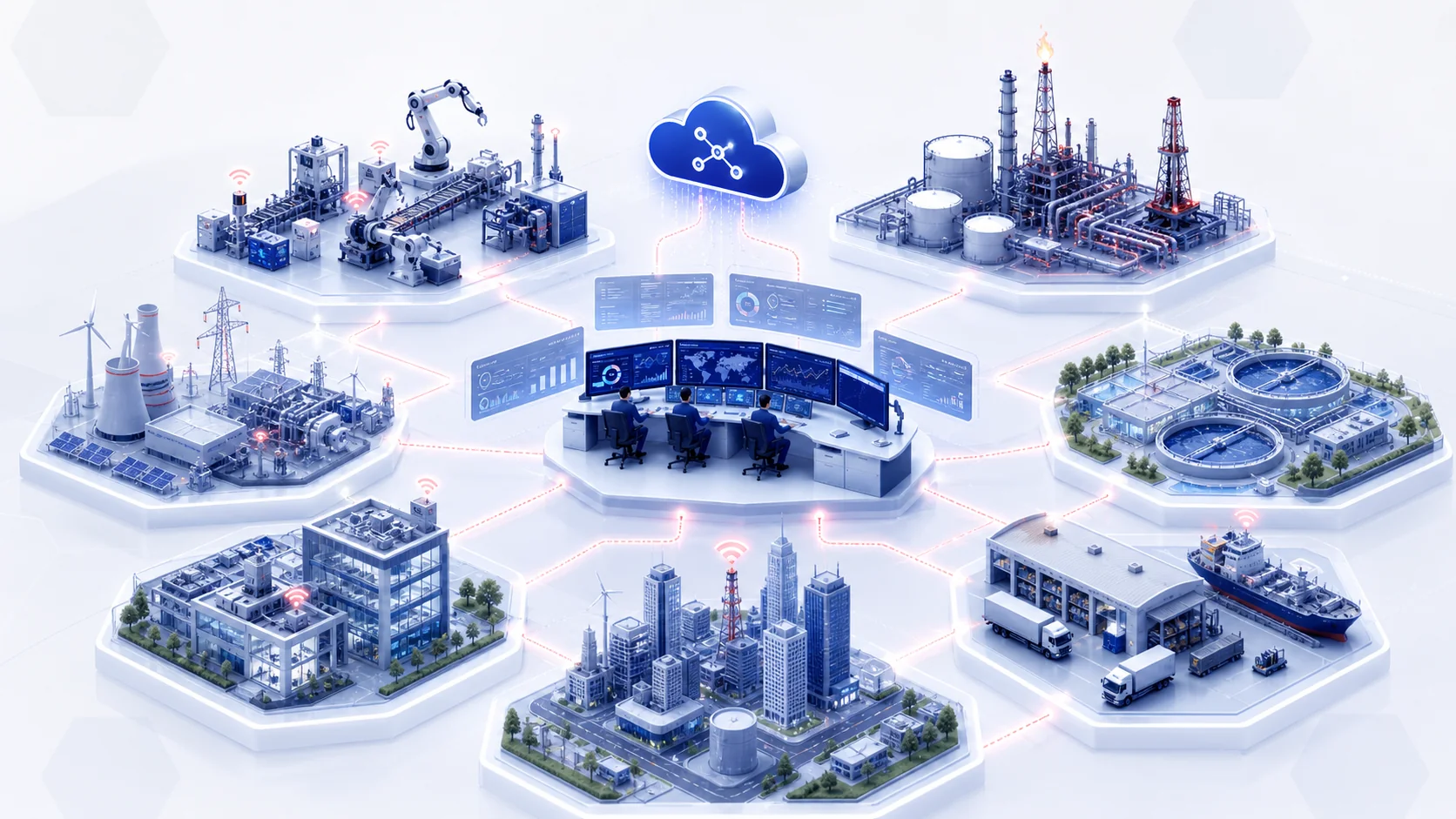 Connected industrial verticals including manufacturing, oil and gas, utilities, smart infrastructure and energy.