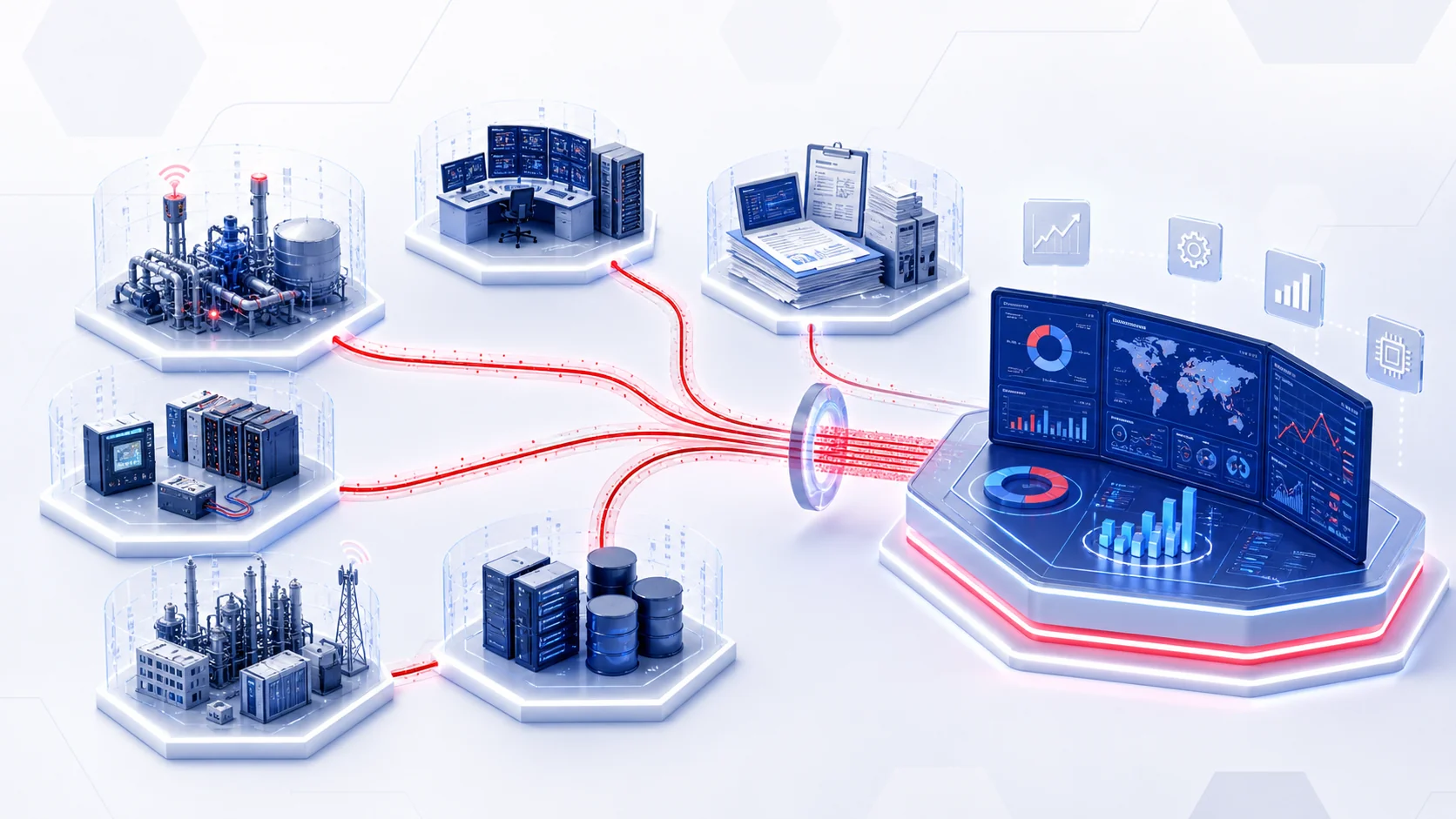 Disconnected industrial data sources flowing into a centralized analytics hub.