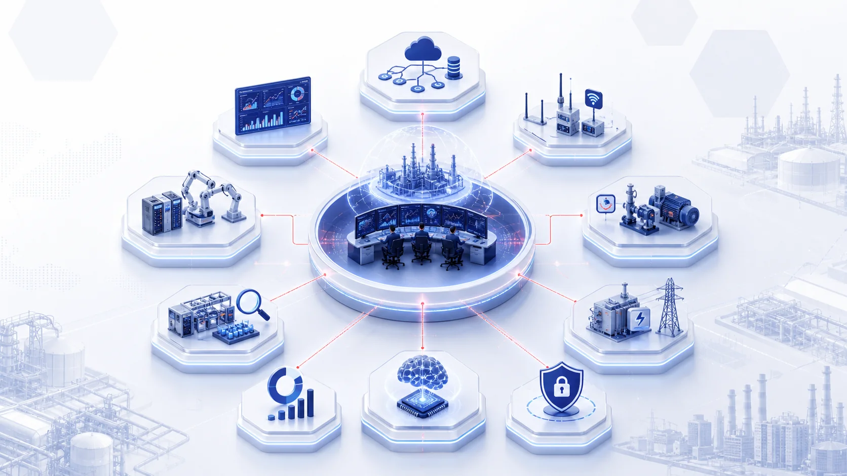Industry 4.0 ecosystem connecting OT data, IIoT, dashboards, asset performance and analytics.