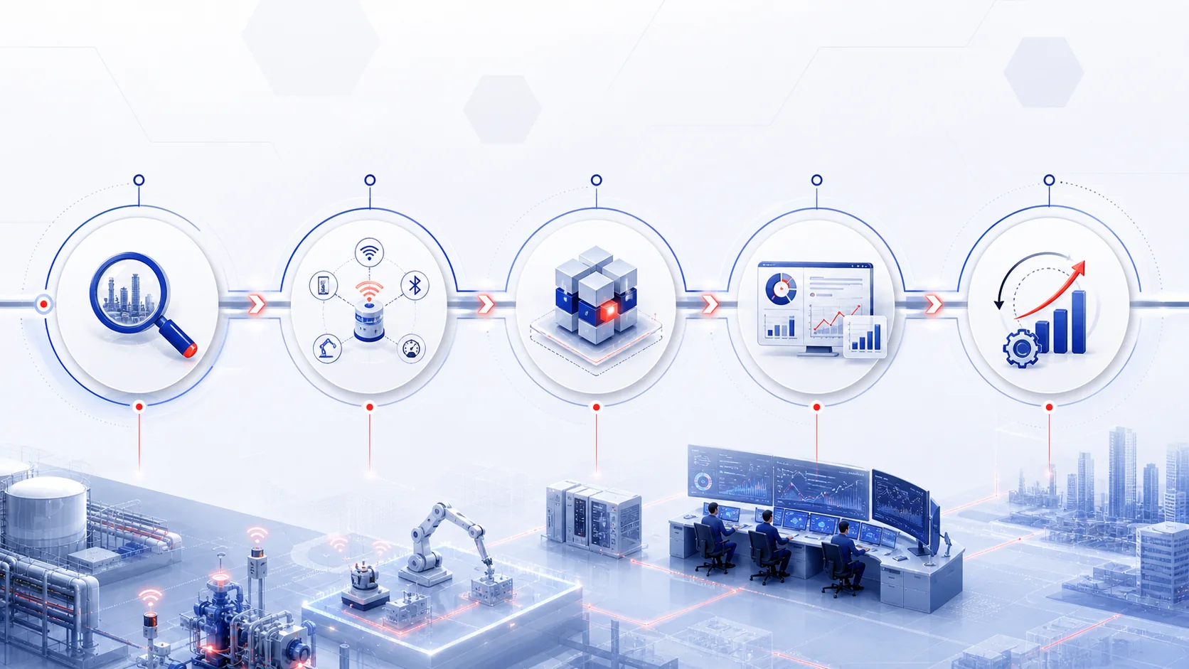 Industrial digitization journey from discovery and connectivity to analytics and scalable operations.