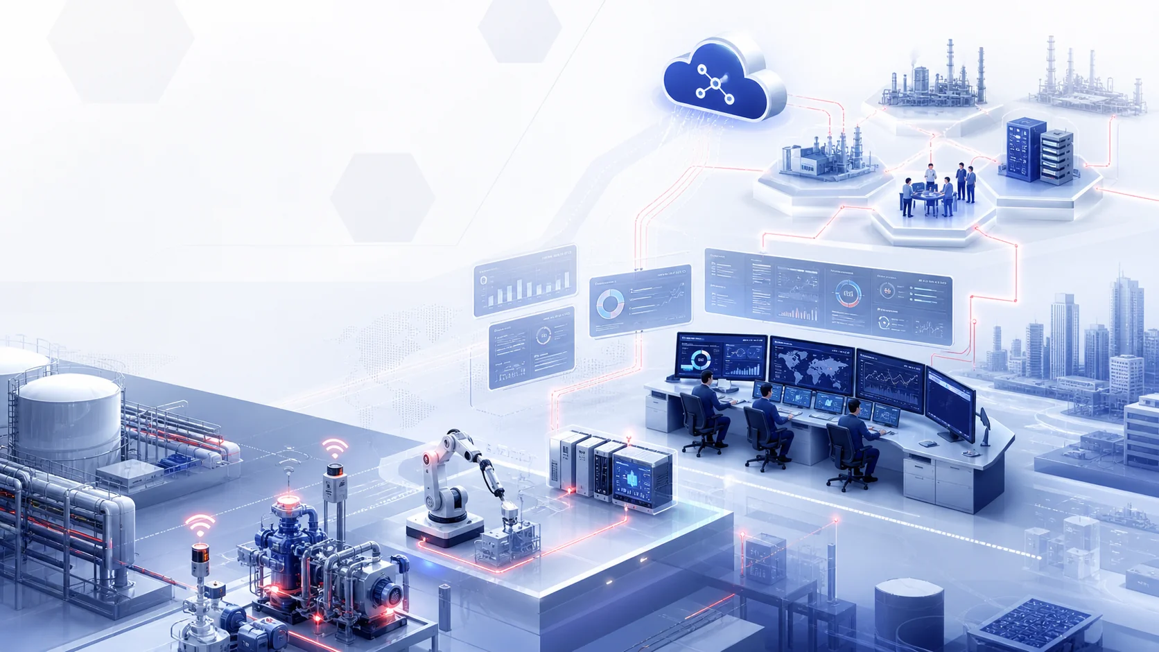Industrial digitization command center connecting field assets, SCADA, cloud, analytics and enterprise systems.