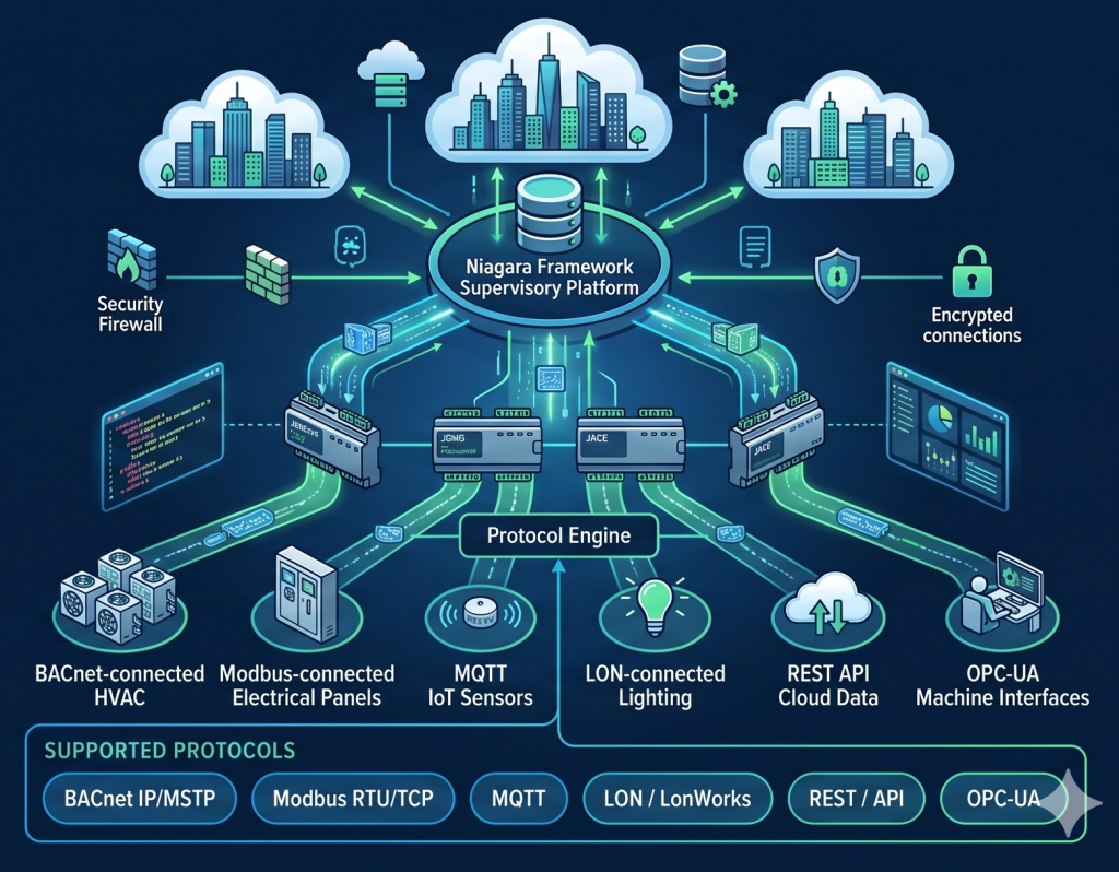 Niagara Framework supervisory platform connecting BMS HVAC protocols and building systems
