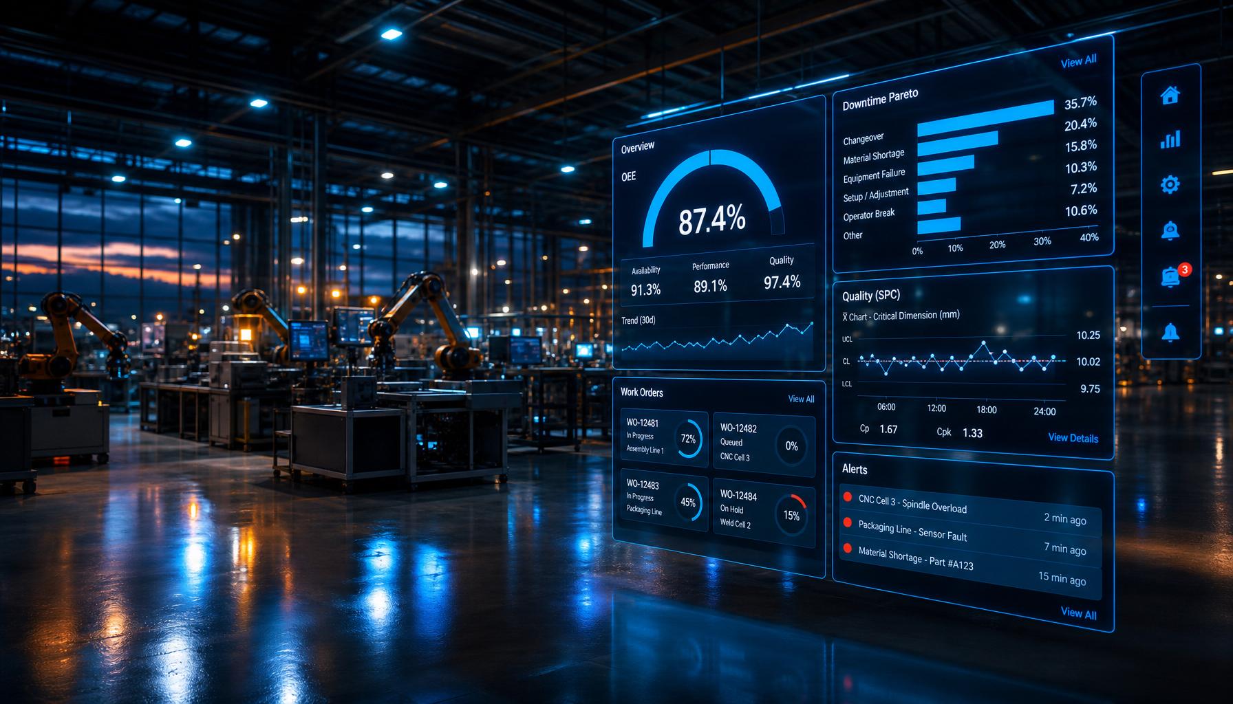 Smart factory floor at dusk with robotic arms and holographic MES dashboards showing OEE, downtime Pareto, work orders and quality SPC charts