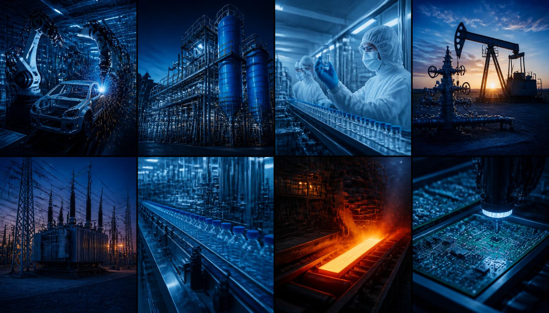 Industry montage: automotive welding, chemical plant, pharmaceutical clean-room, oil and gas wellhead, electrical substation, food packaging, steel mill, electronics PCB assembly