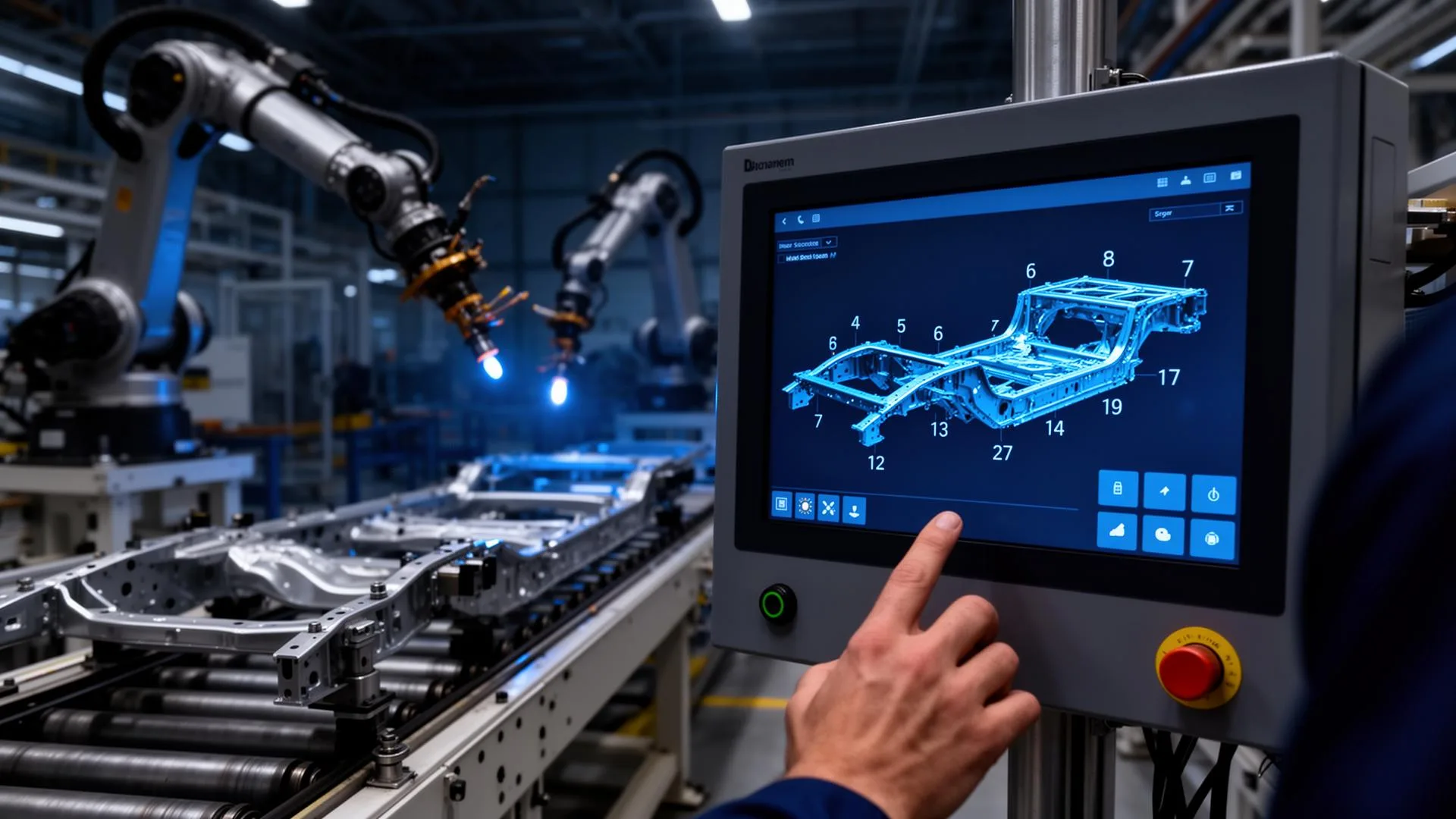 HMI touch screen showing chassis frame with numbered weld seams