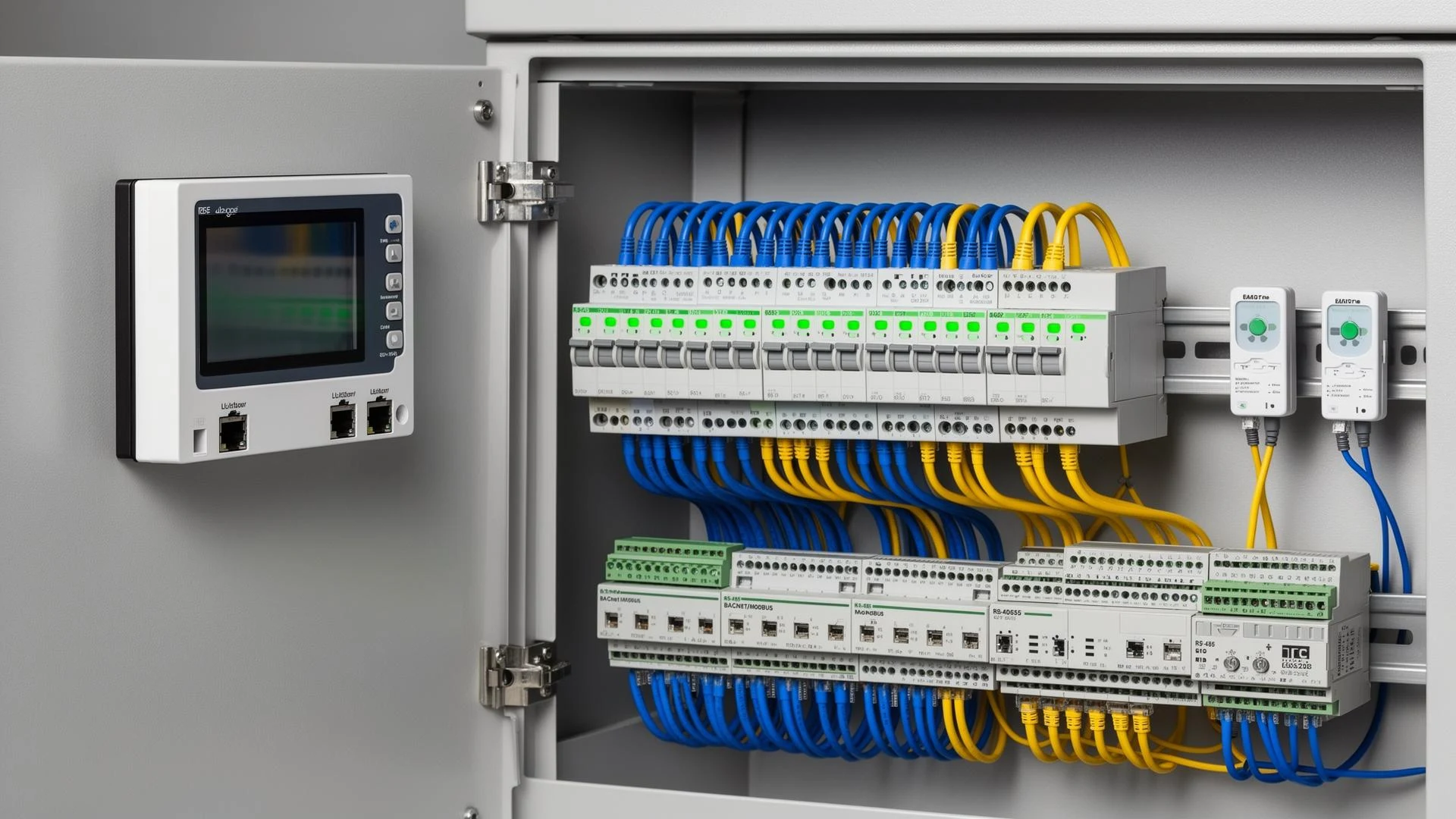 Niagara 4 control cabinet with edge controller, distributed I/O modules, BACnet/Modbus RS-485 segments and smart sensors