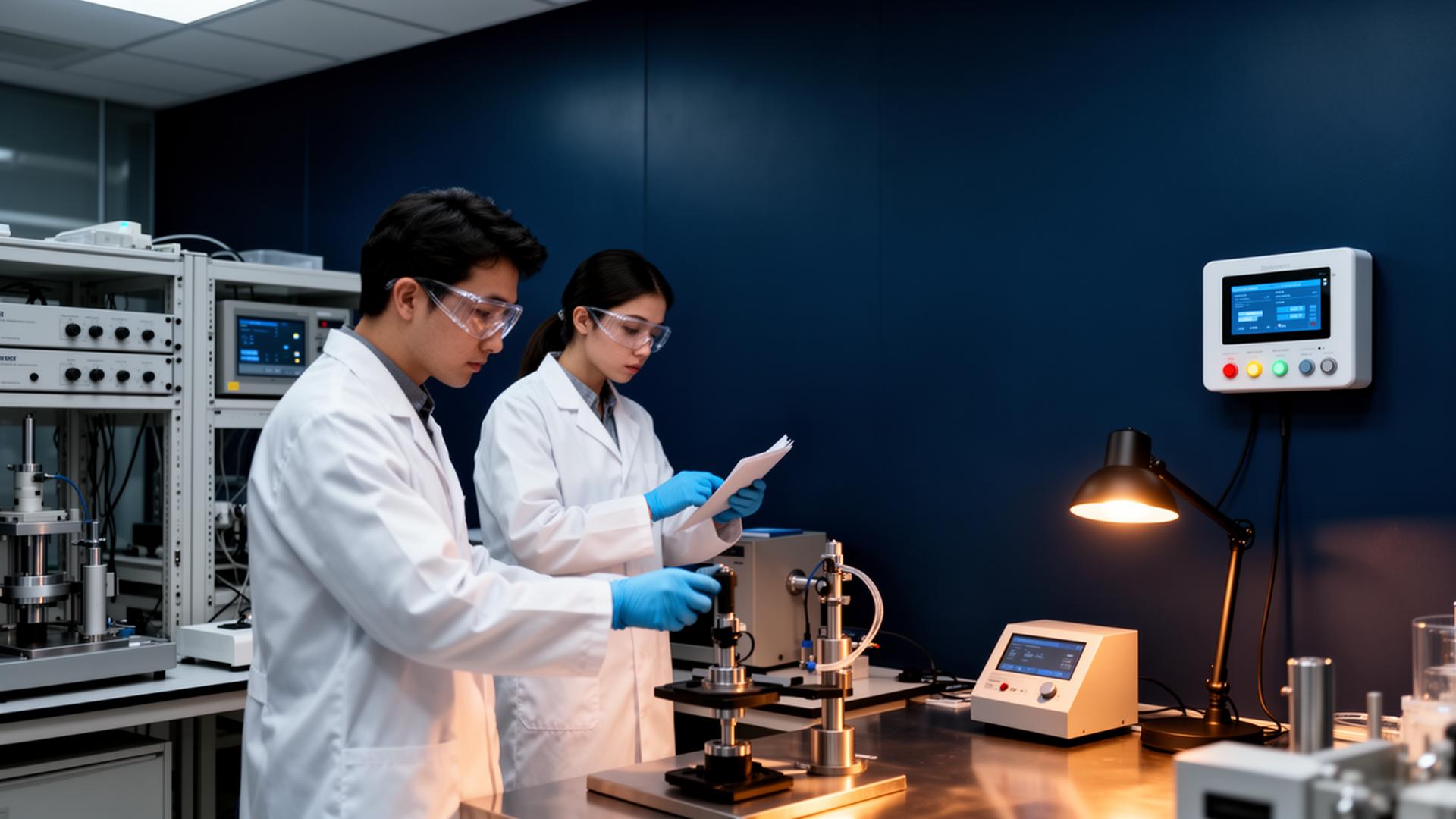 Scientists working in a material testing laboratory with environment monitoring sensors