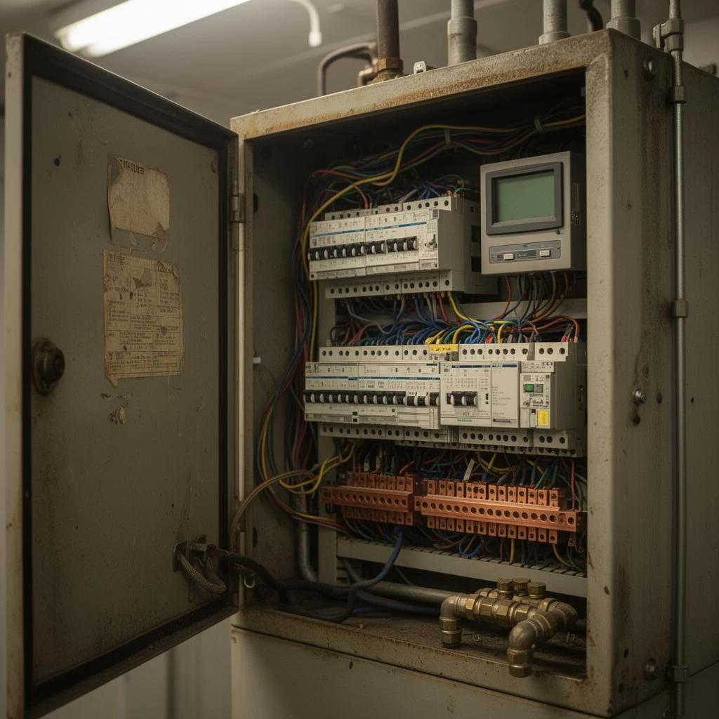 Aging legacy DDC control panel with mixed wiring and obsolete modules