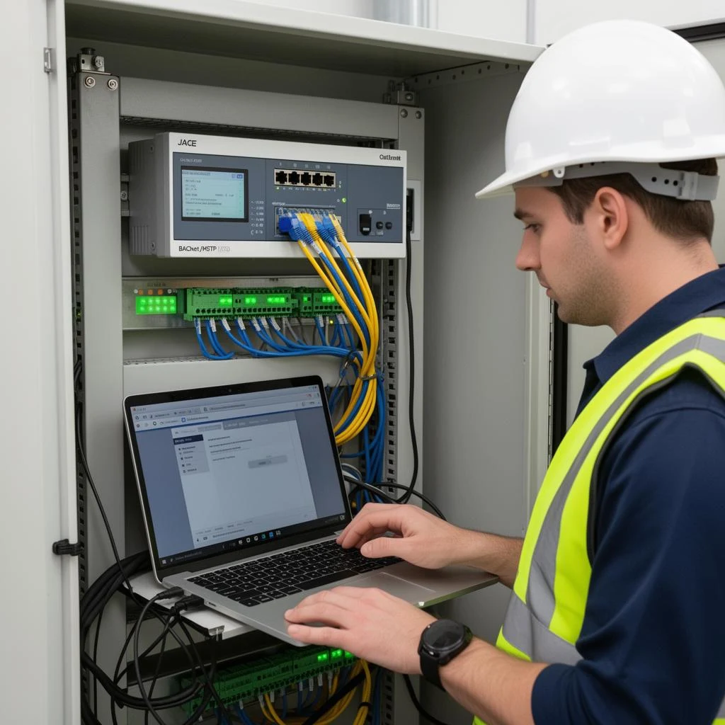 Field engineer commissioning a new Niagara JACE-style edge controller