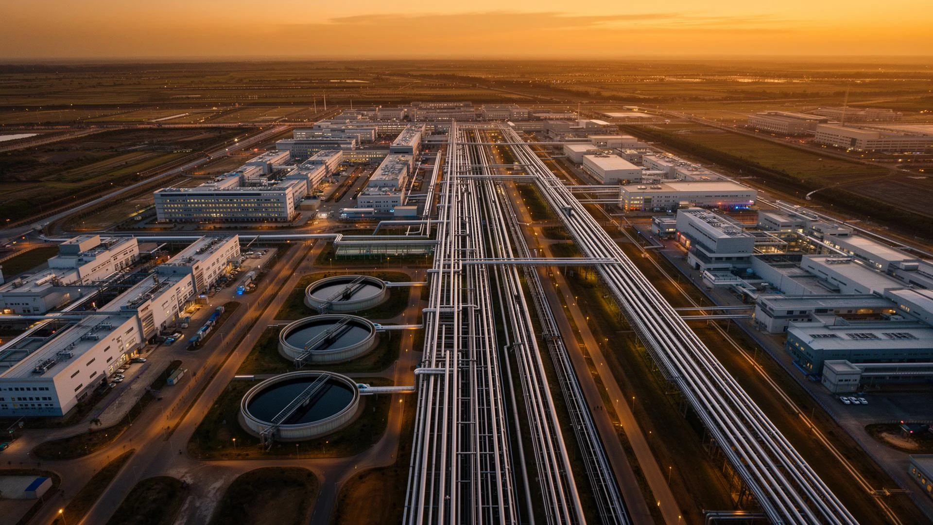 Aerial view of a smart industrial park with pipeline corridors and central effluent treatment plant