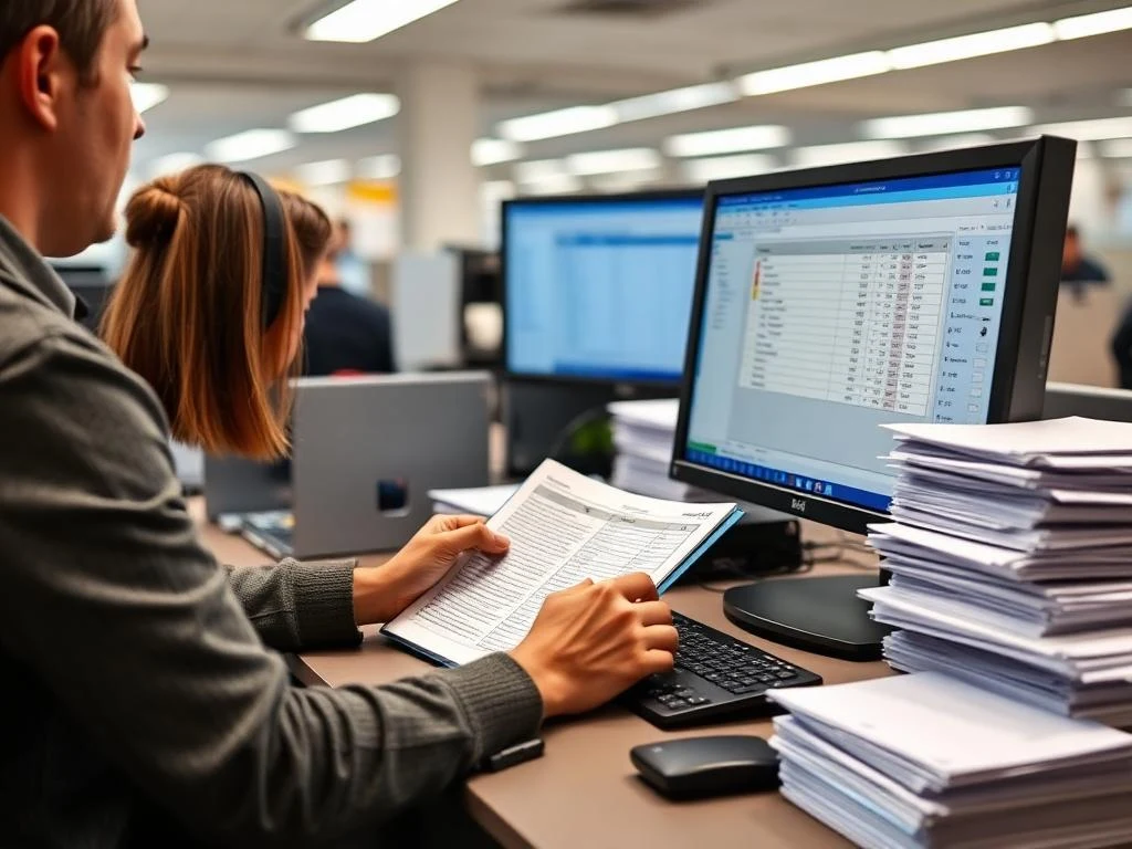 Office worker manually entering data from paper logs into SAP