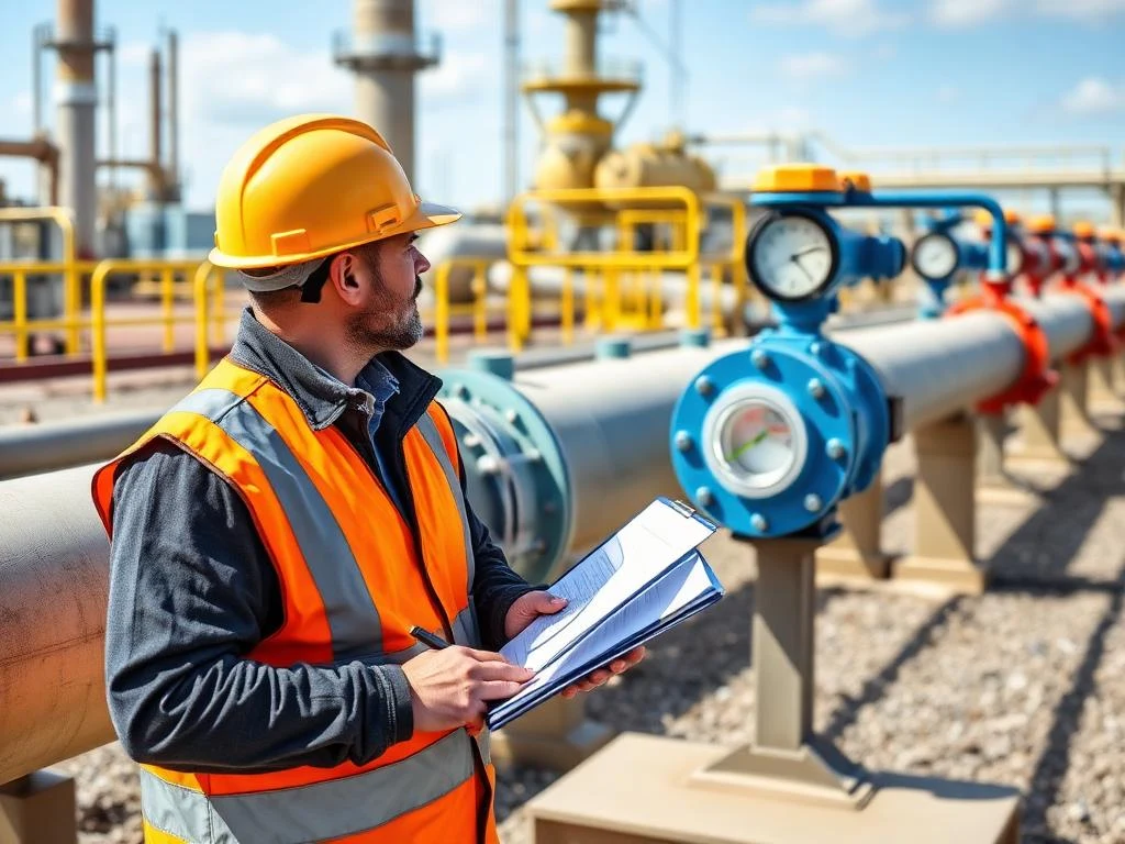 Operator manually reading a flow meter on a pipeline