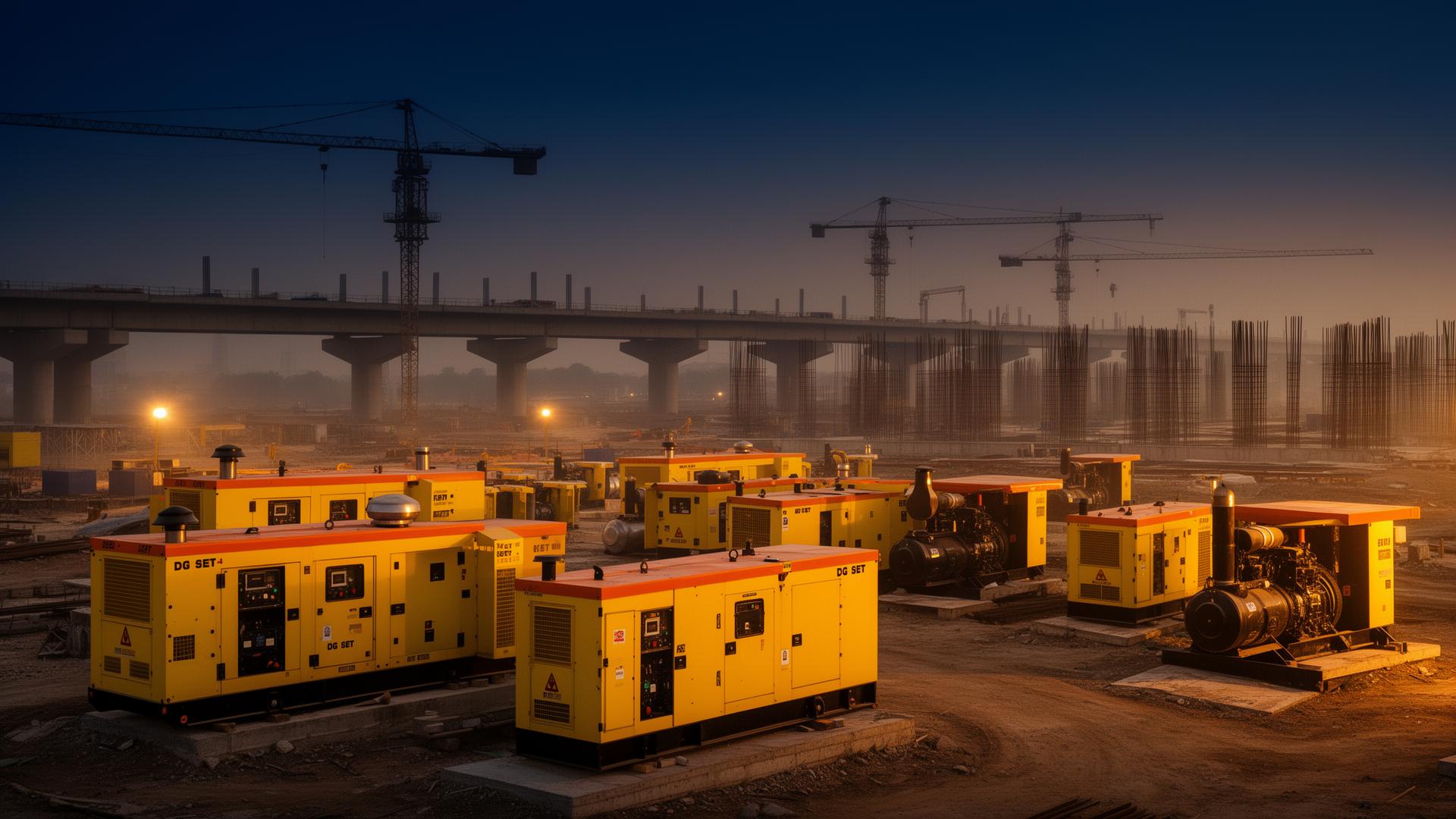 Fleet of industrial diesel generator sets powering a large infrastructure construction site at dusk
