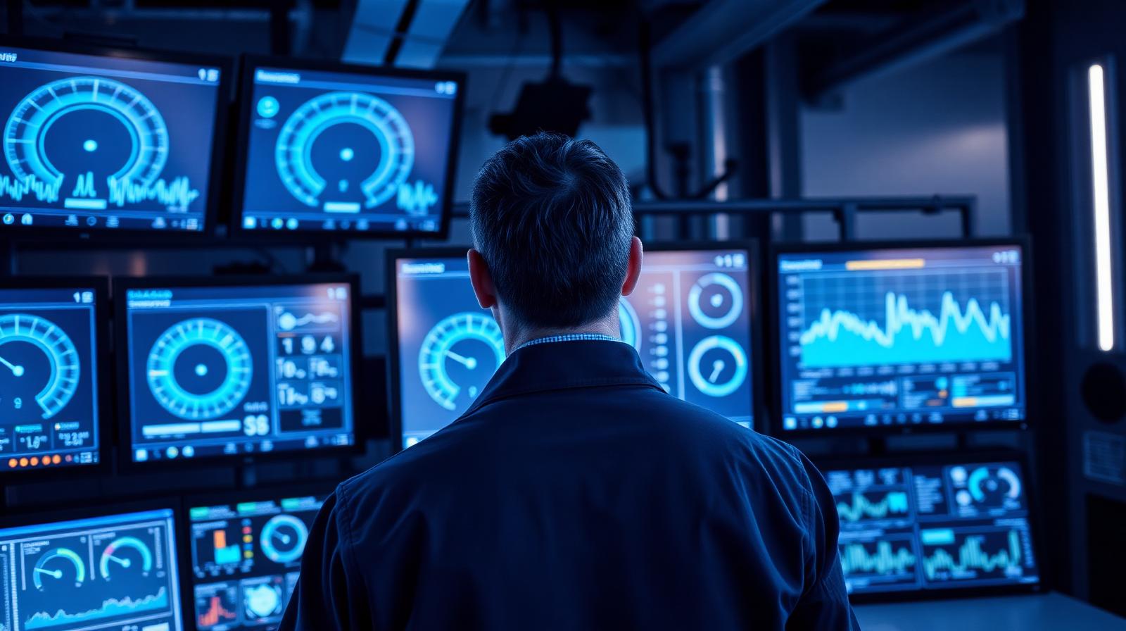 Engineer monitoring rotating equipment health in a control room