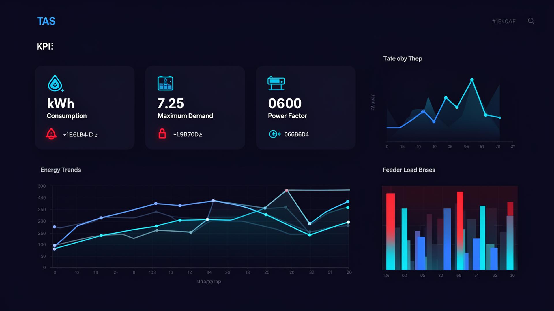Energy analytics dashboard showing demand, power factor, consumption, and cost KPIs.