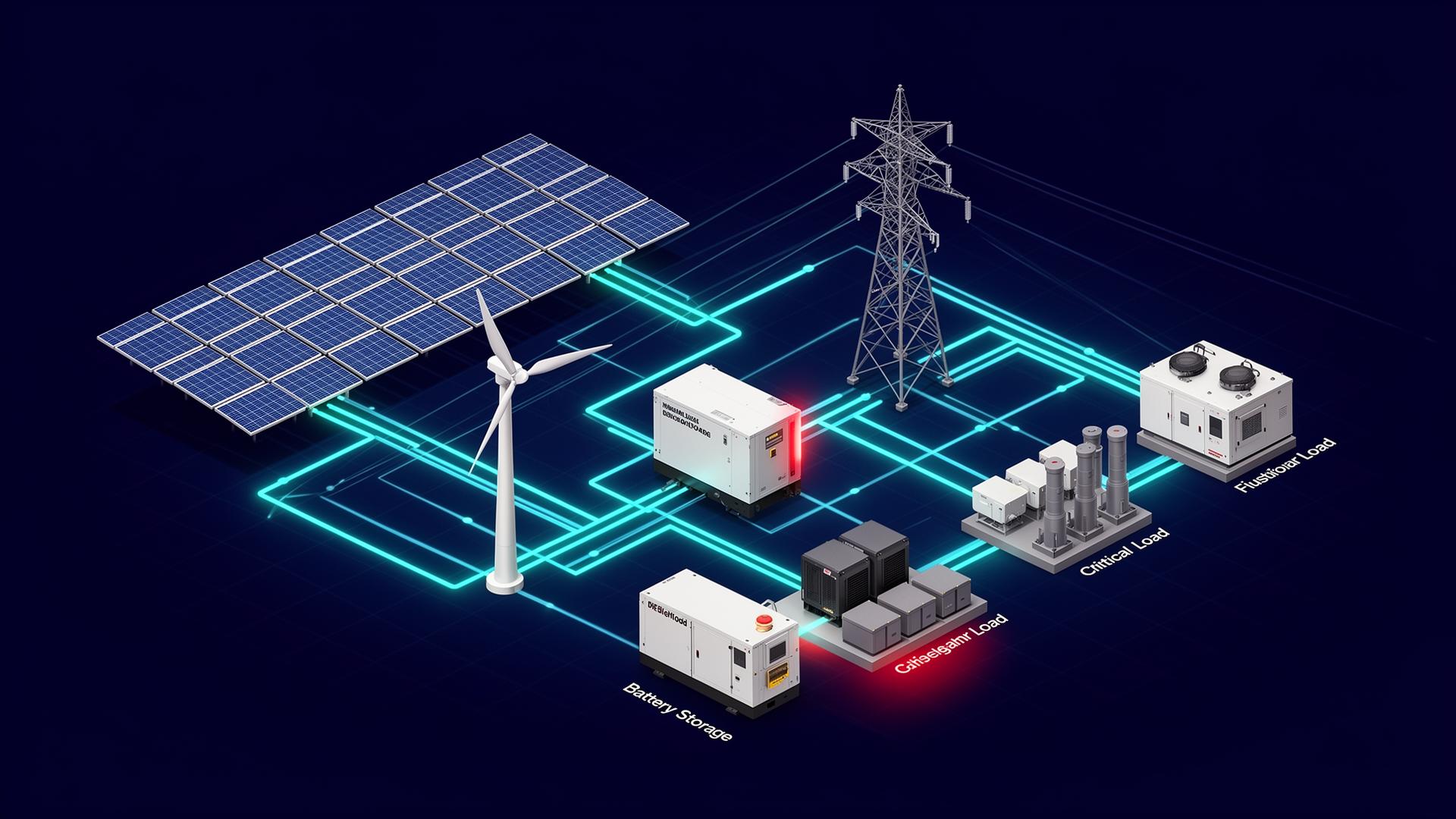 Hybrid microgrid data flow with solar, wind, grid, DG, battery, and loads.