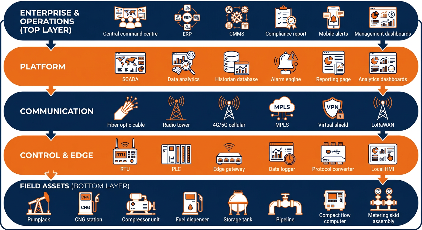 Reference architecture for Oil and Gas digital operations: Field Assets, Control and Edge, Communication, Platform, Enterprise and Operations layers