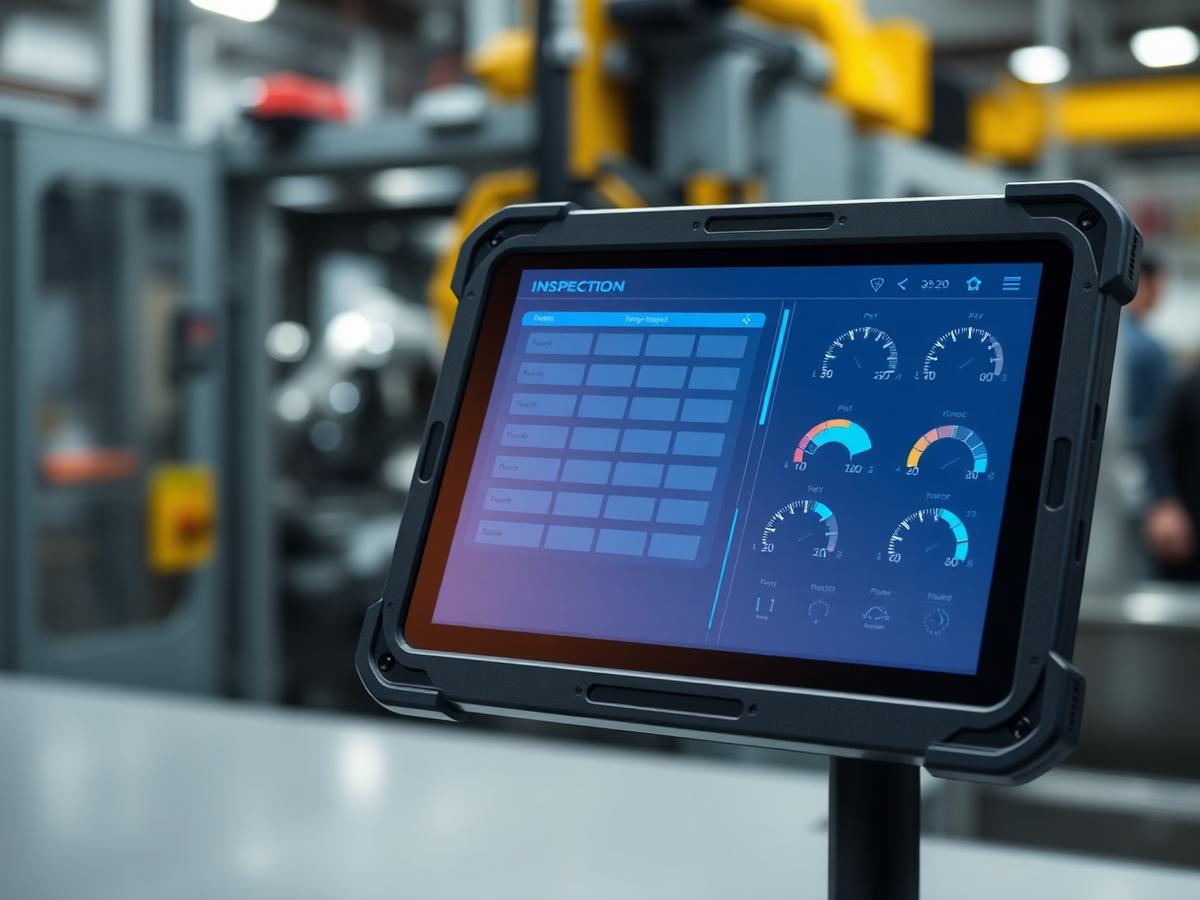 Operator tablet at a digital inspection station on a production line.