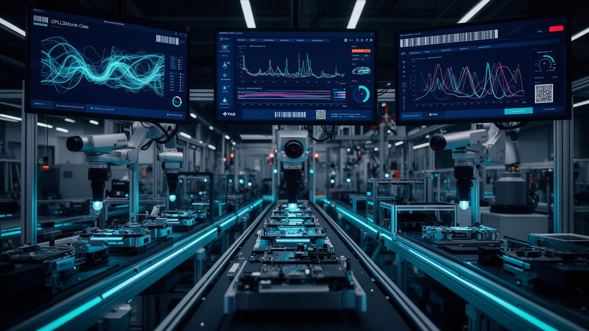 Connected manufacturing line with vision inspection cameras and quality dashboards.