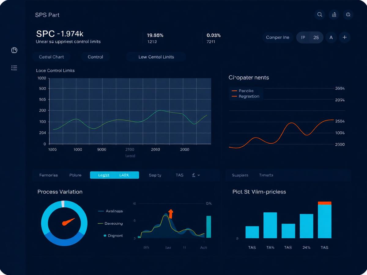 SPC analytics dashboard with control charts and Cp/Cpk indicators.