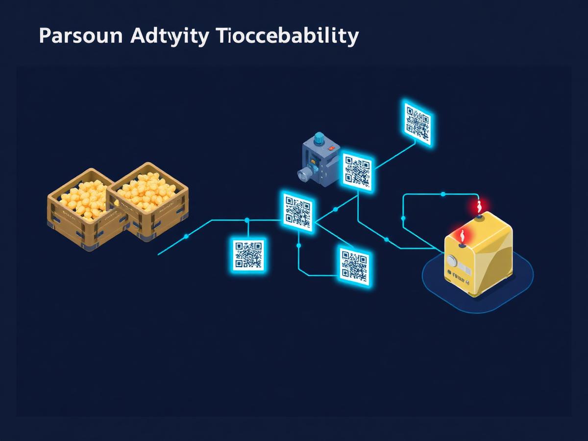 Traceability schematic linking material, machine, operator, and finished product.