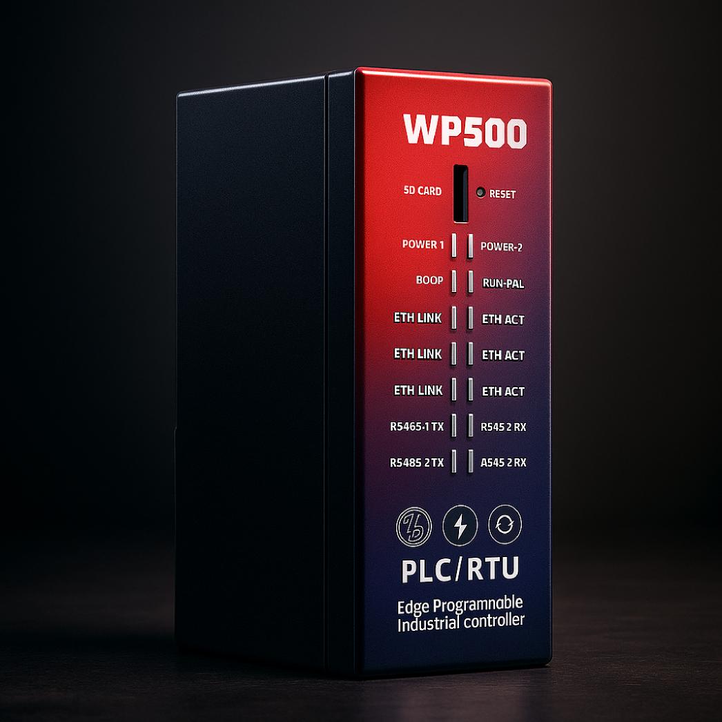 WP500 industrial edge RTU device — DIN-rail mount, multi-port, configured via the WPConnex web interface